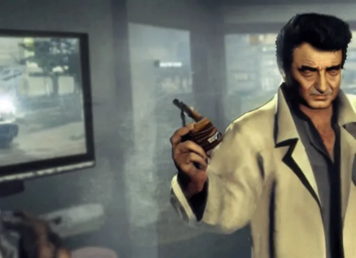 Image similar to video game still of police detective columbo ( played by young peter falk ) in his messy trenchcoat, smoking a cigar while rubbing his head in the video game yakuza zero