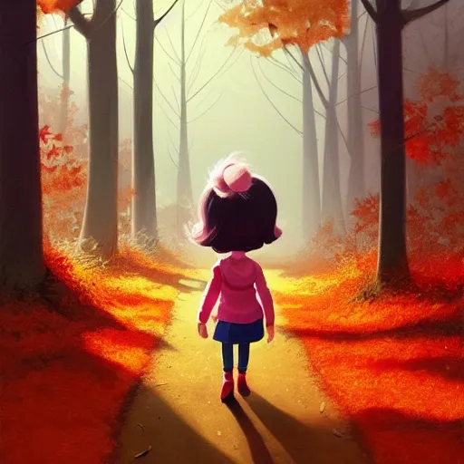 Image similar to samantha mash ilustration a beautiful little girl smiling, walking calmly through an autumn forest, style by goro fujita, character art, sharp focus, highly detailed, artstation