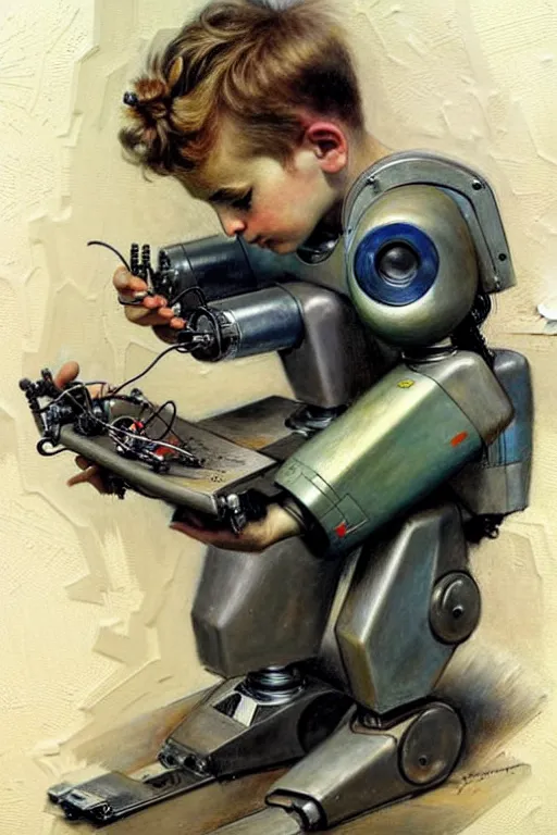 Image similar to (((((1950s a boy working on his robot . muted colors.))))) by Jean-Baptiste Monge !!!!!!!!!!!!!!!!!!!!!!!!!!!