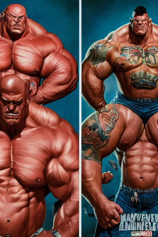 Image similar to upper body and head portrait of huge hulking absurdly muscular martyn ford as marvel character wearing shirt and pants against simple background by alex ross and jack kirby and sergey kolesov and jason fabok and lawrence alma tadema and norman rockwell and greg staples, photoreal, cinematic, 4 k, high detail