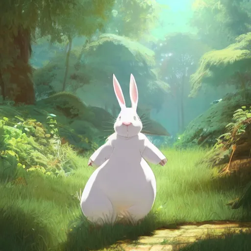 Image similar to concept art painting of a chubby white rabbit wearing a turquoise dress, in the deep forest, realistic, detailed, cel shaded, in the style of makoto shinkai and greg rutkowski and james gurney