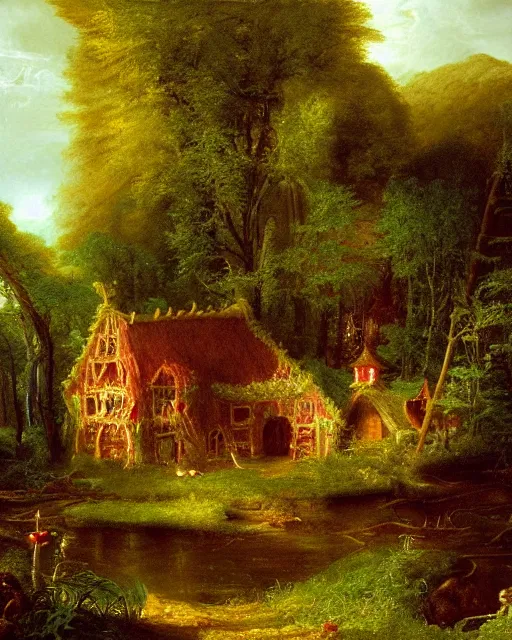 Image similar to an oil painting of a candy - covered gingerbread witch's house in the forest, by thomas cole, ivan shiskin, and james gurney