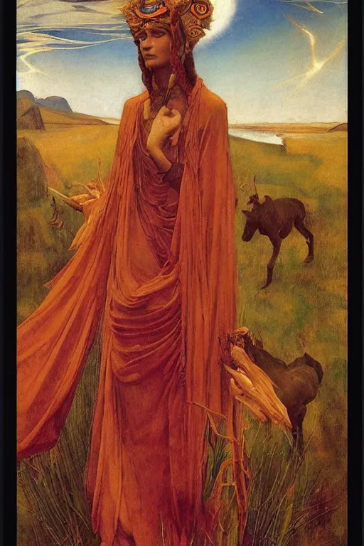 Image similar to queen of the plains with her harvest by Annie Swynnerton and Nicholas Roerich and jean delville, strong dramatic cinematic lighting , ornate headdress , flowing robes, lost civilizations, smooth, sharp focus, extremely detailed