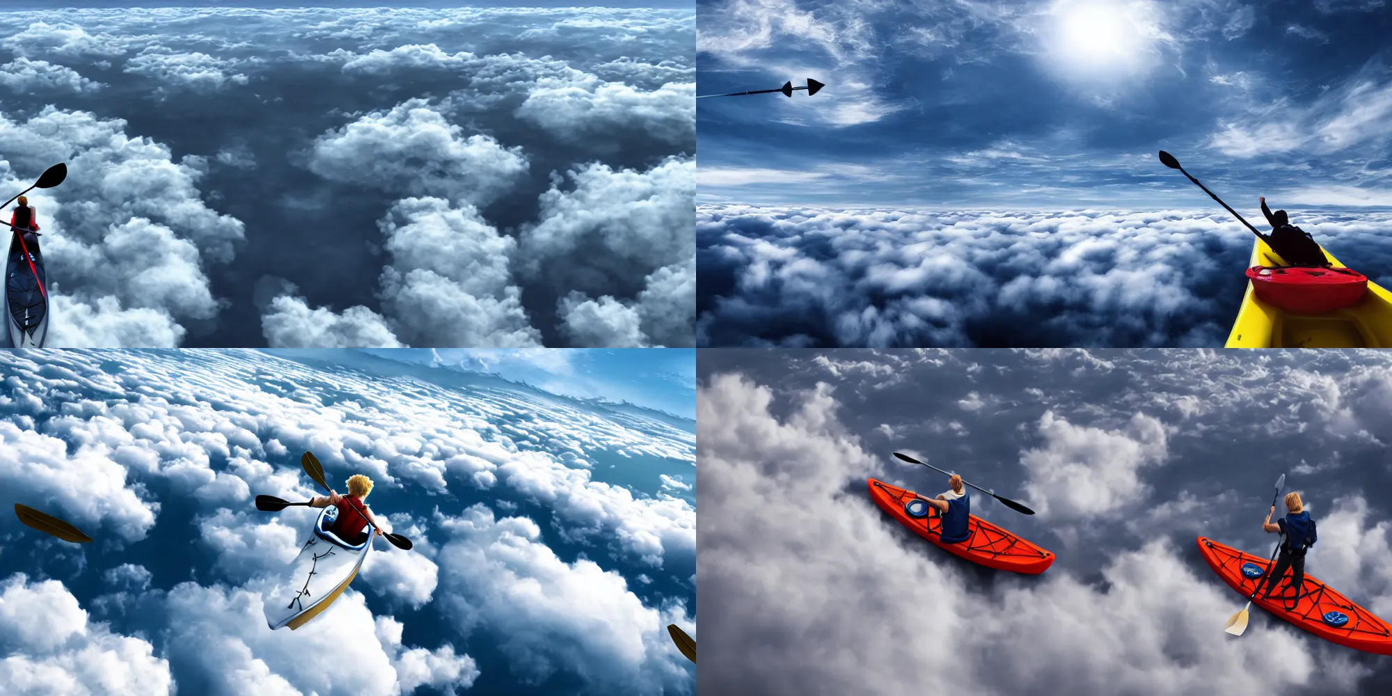 Prompt: blond kayaker paddling on his back above the clouds in the sky, trending at artstation, 4k, hdr