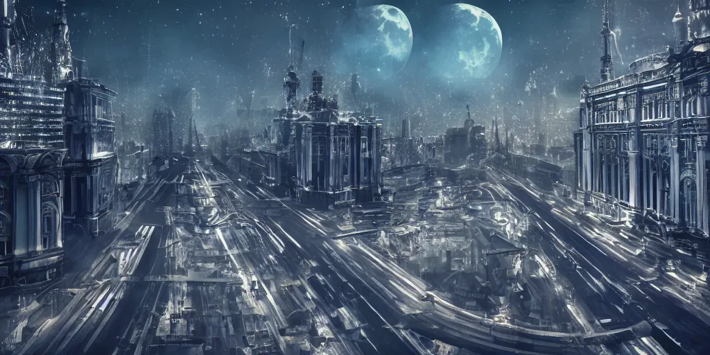 Image similar to cinematic shot of a st. petersburg city in the moon's hollow, russian orbit city cityscape, telephoto, iconic scene from the optimistic sci fi film directed by stanley kubrick, anamorphic cinematography, beautiful composition, color theory, leading lines, photorealistic, moody volumetric lighting