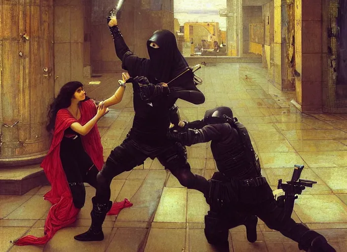 Image similar to Maria evades guards. Cyberpunk hacker escaping Menacing Cyberpunk corporate security. (dystopian, police state, Cyberpunk 2077, bladerunner 2049). Iranian orientalist portrait by john william waterhouse and Edwin Longsden Long and Theodore Ralli and Nasreddine Dinet, oil on canvas. Cinematic, vivid colors, hyper realism, realistic proportions, dramatic lighting, high detail 4k