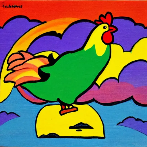 Image similar to colorful sky chicken, In the style of Hayao Miyzaki
