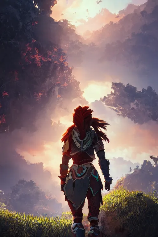 Image similar to combination suit armor aloy horizon forbidden west horizon zero dawn radiating a glowing aura global illumination ray tracing hdr fanart arstation by ian pesty and alena aenami artworks in 4 k tribal robot ninja mask helmet backpack