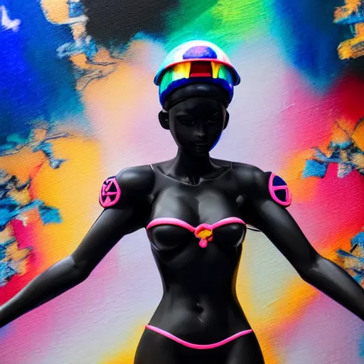 Image similar to : extremely beautiful photo of a black marble statue of an anime girl with colorful skateboard logos all over and helmet with closed visor, colorful hyperbolic background, fine art, sailor moon, neon genesis evangelion, virgil abloh, offwhite, denoise, highly detailed, 8 k, hyperreal