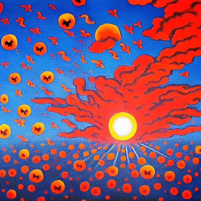 Image similar to a beautiful painting there were many doves of peace in the nuclear explosion, by kusama miyama realistic oil painting