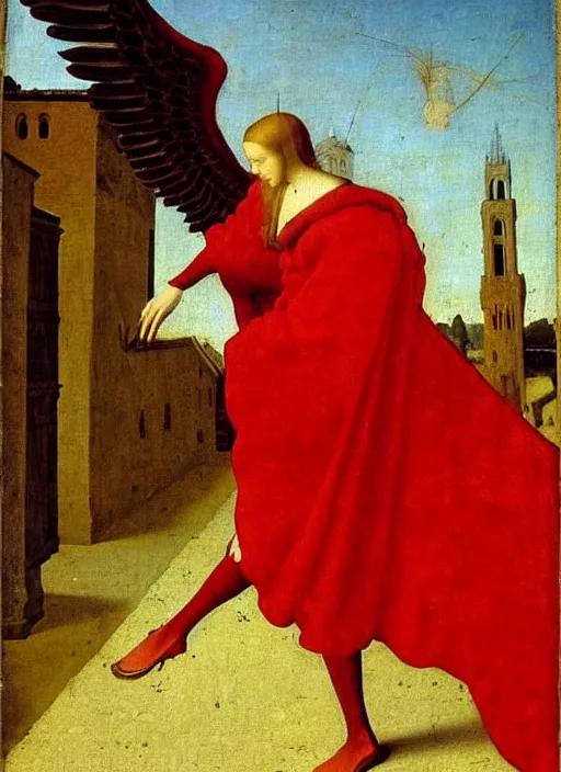 Image similar to Flying Fallen Angel with wings dressed in red, Medieval painting by Jan van Eyck, Johannes Vermeer, Florence