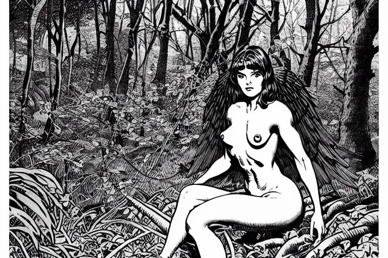 Image similar to an angelic female warrior sitting in an autumn forest, fantasy graphic novel style, by wendy pini and virgil finlay, intricate, vivid gradient colors, very fine inking lines, extremely detailed, 4k, hd