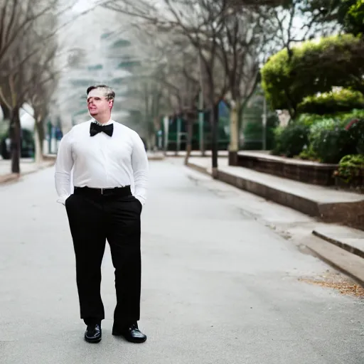 Image similar to clean - shaven chubby white man wearing white dress shirt, necktie, and dress trousers holding a black dress shoe. iq 4, f / 1. 4, iso 2 0 0, 1 / 1 6 0 s, 8 k, raw, dramatic lighting, symmetrical balance, in - frame