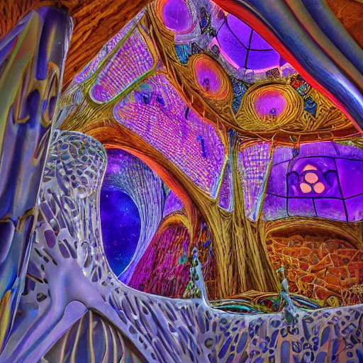 Image similar to visionary architecture by antoni gaudi, john stephens, alex gray, lisa frank