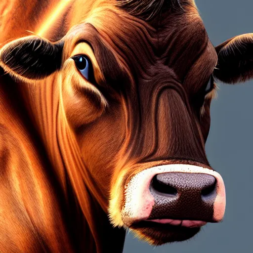 Image similar to portrait of a cow with the face of a man, hyper detailed, 3 / 4 shot, digital art, trending in artstation, cinematic lighting, studio quality, smooth render, unreal engine 5 rendered, octane rendered, art style by klimt and nixeu and ian sprigger and wlop and krenz cushart