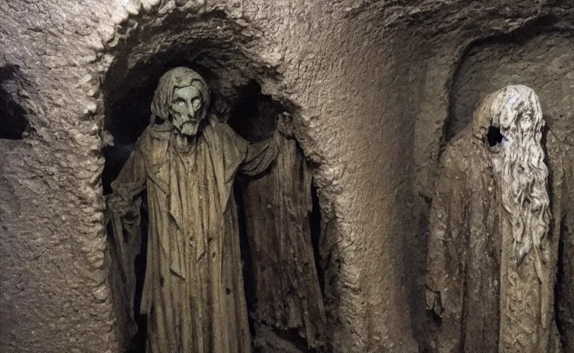 Image similar to several decrepit creepy statues of the archangel gabriel looking at the camera, placed throughout a dark claustrophobic old catacomb cavern, realistic, underexposed photography, bad camera footage, wide shot, sinister, bad lighting, foreboding, grainy photo