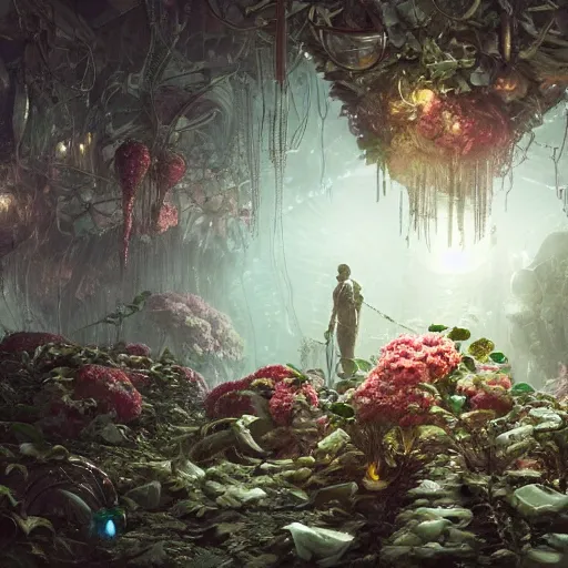 Image similar to intricate bio - mechanical human organs intertwined with bio - mechanical flowers, intricate environment, matte painting, cinematic, epic composition, highly detailed, atmospheric, wide angle, artstation trending