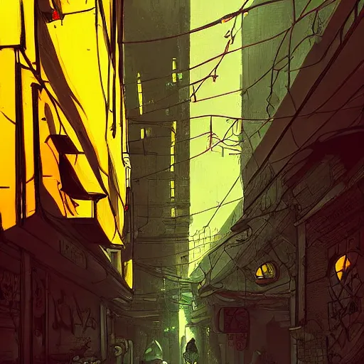 Image similar to a busy alley in cyberpunk warsaw, dystopian, ethereal lighting, night time, haze, josan gonzales