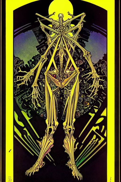 Prompt: black and yellow technicolor color risoprint, alphonse mucha, richard corben, wayne barlowe, moebius, heavy metal comic cover art, psychedelic triangular skeletal calcification fungus lich in darkiron spike armor, full body, hollow eyes, symmetrical face, long black crown, in a dungeon background, moody dark colors