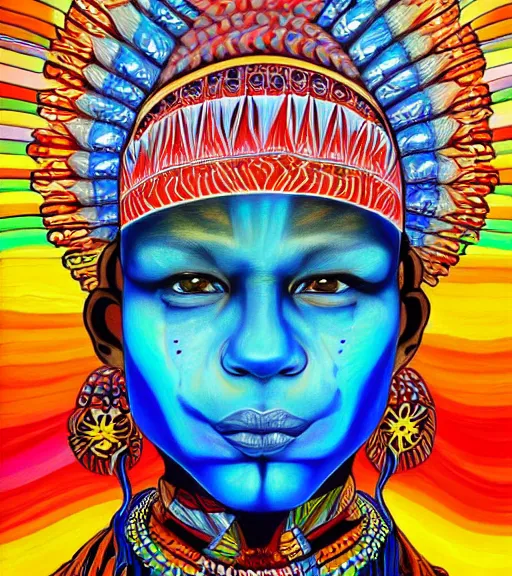 Image similar to Portrait painting in a style of Alex Grey of a shaman dressed in a colorful traditional clothes.