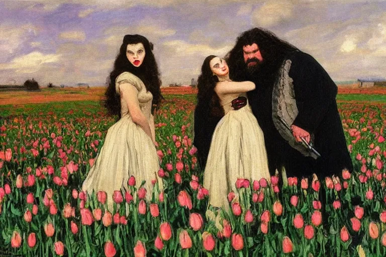 Image similar to hagrid the viking and morticia addams kiss in a field of tulips, masterpiece, highly detailed, oil on canvas, art by walter sickert, john singer sargent, and william open