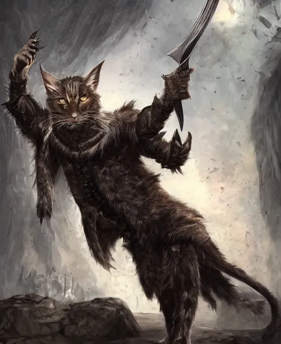 Image similar to humanoid male khajiit rogue with a scar on left eye, wearing leather armor with a hood, mainecoon cat features with jet black fur, far - mid shot, magic the gathering, fantasy
