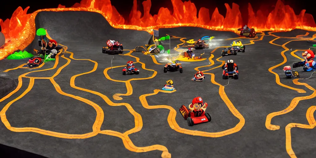 Image similar to diorama of a lava-themed mario kart track, studio lighting, high quality photo