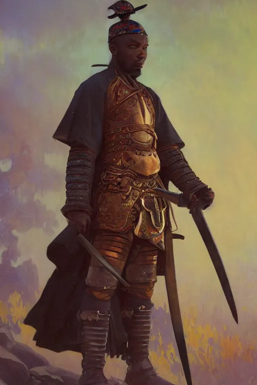 Image similar to a full body fantasy portrait oil painting illustration of an African samurai by Justin Sweet and Greg Rutkowski and Alphonse Mucha with face and body clearly visible, visible pupils, d&d, rpg, forgotten realms, artstation trending, high quality, sombre mood, artstation trending, muted colours, no crop, entire character!,