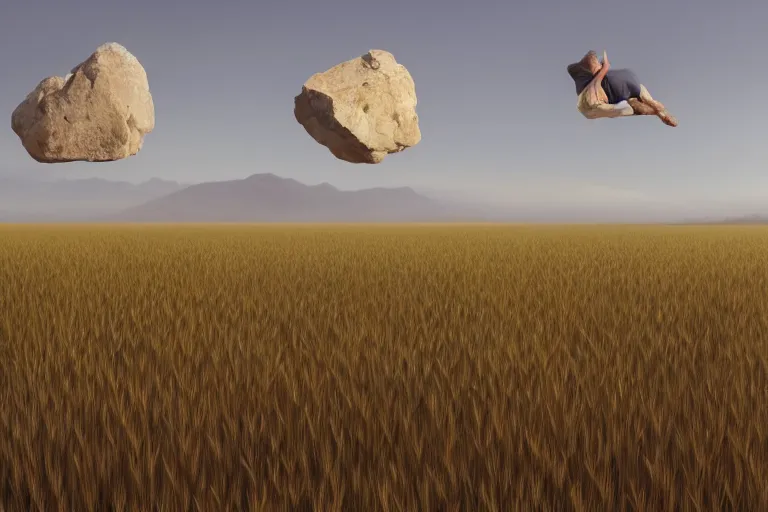 Image similar to rocks floating mid-air over a wheat field, hard light and long shadows, afternoon sunshine, detailed digital art by artgerm and WLOP, Greg Rutkowski, Felix Kelly, hyperrealistic, octane render, Refined, Detailed Digital Art, dynamic lighting, Highly Detailed, Cinematic Lighting, Unreal Engine, 8k, HD