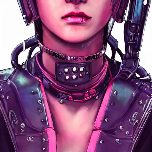 Image similar to detailed realistic cyberpunk female character cyberpunk wearing large steel collar around neck, realistic, art, beautiful, 4K, collar, choker, collar around neck, punk, artstation, detailed, female, woman, choker, cyberpunk, neon, punk, collar, choker, collar around neck, thick collar, choker around neck, wearing choker, wearing collar, bright neon punk hair,