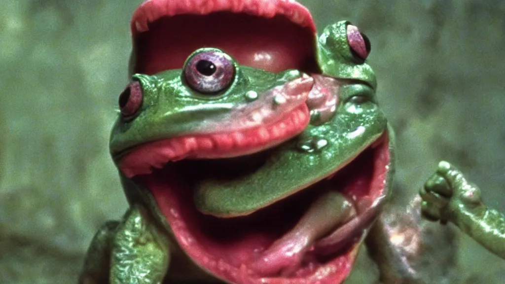 Prompt: an anthropomorphic frog with a mouth full of sharp teeth laughing maniacally, a satanic ritual, by Brian Froud and John Carpenter, movie still directed by Ridley Scott and cinematography by Roger Deakins