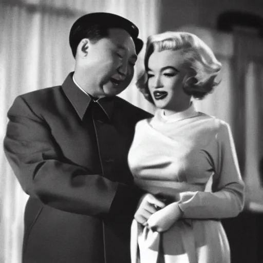 Prompt: chairman mao embraces passionately marilyn monroe, movie still, realistic, sharp focus, 8 k high definition