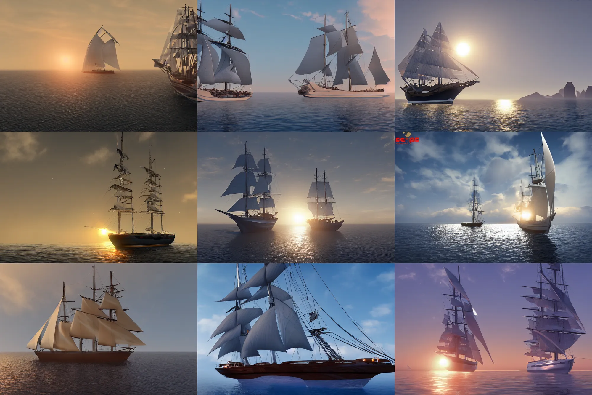 Prompt: futuristic sailing ship sailing into sunset with wind, 8k, unreal engine