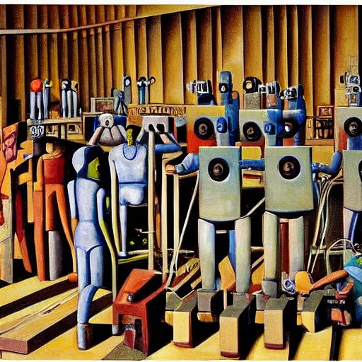 Prompt: drab human workers building robots, watched by evil fascist overlords, brutalist factory chapel, dystopian, pj crook, edward hopper, oil on canvas