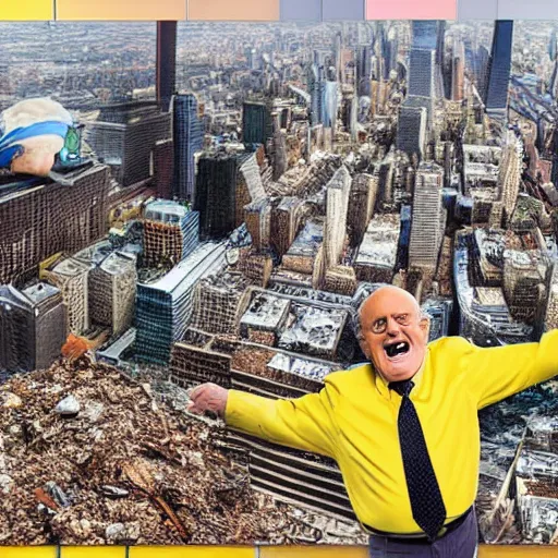 Prompt: a hyper detailed realistic color photograph of Rudy Giuliani laughing maniacally wearing a yellow speedo squatting acting sensually and acting inappropriately on top of the world trade center rubble pile