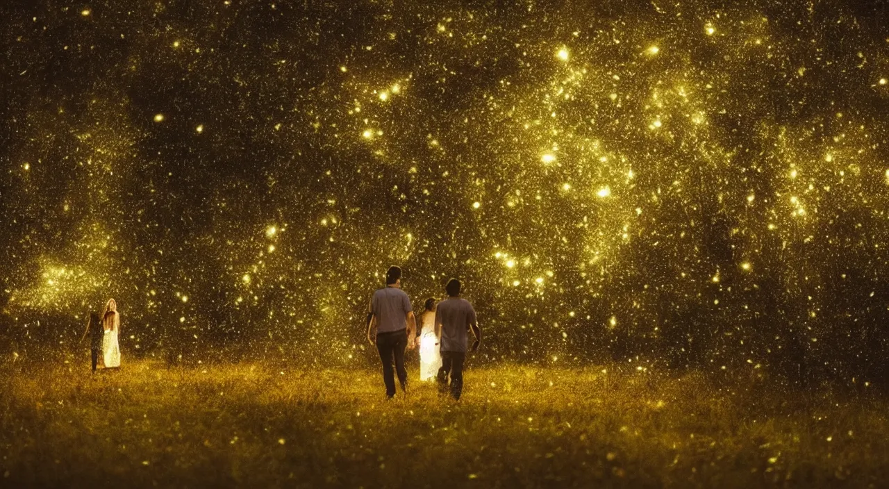 Prompt: a couple walking in the middle of fireflies, cinematic lighting, wow, establishing shot