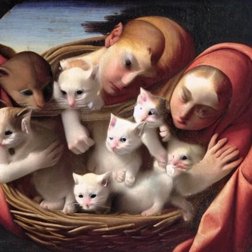 Image similar to Renaissance painting of a basket of kittens