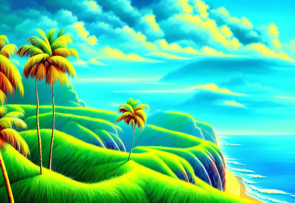 Image similar to a beautiful illustration of a breathtaking nature landscape vivid colors hills ocean cliffs palm trees by gediminas pr