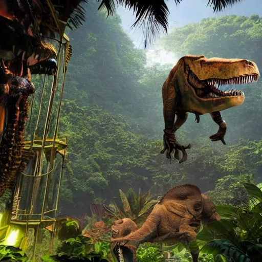 Prompt: an elaborate time machine with floating platform over a prehistoric jungle with a t - rex in the background, unreal engine, hyper detailed