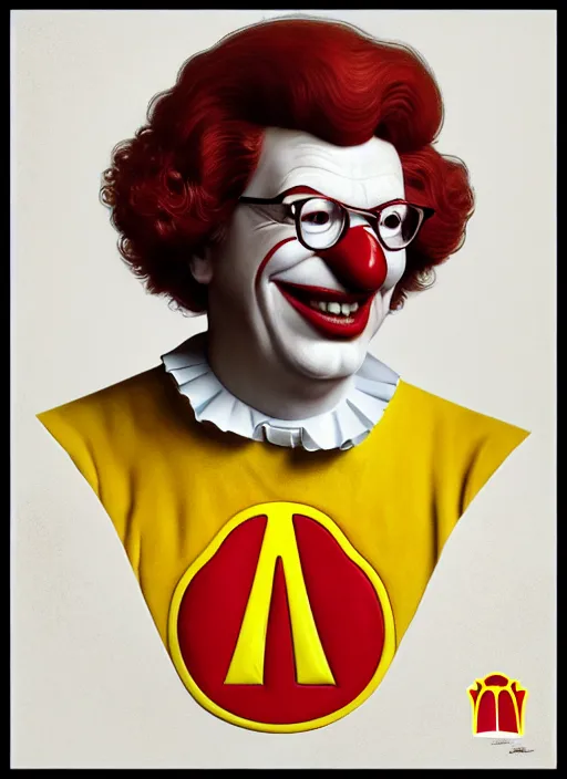 Prompt: close up portrait of ronald mcdonald, yellow jumper with white collar, chicken mcnuggets throne room by artgerm, cushart krenz, greg rutkowski, mucha. art nouveau. gloomhaven, golden arches logo, pale colors, sharp edges. ultra clear detailed. 8 k. elegant, intricate, octane render