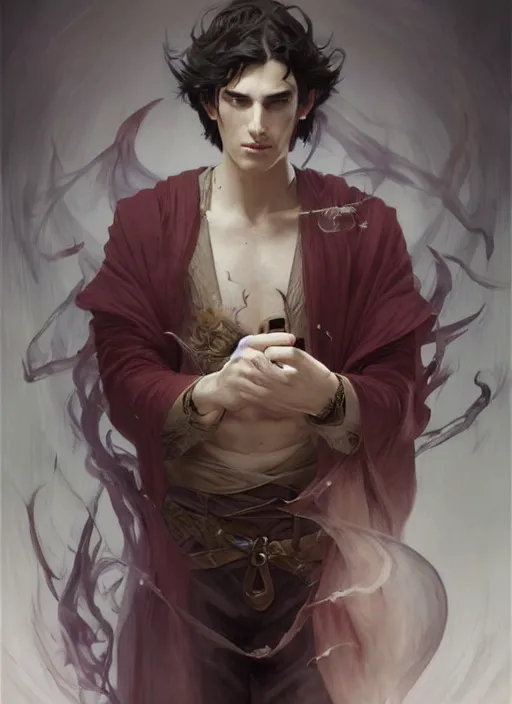 Image similar to character concept portrait of an attractive young focused Spanish wizard with pale red skin enchanting a power spell, a floating iridescent spell book in the center, intricate, elegant, digital painting, concept art, smooth, sharp focus, illustration, from Metal Gear, by Ruan Jia and Mandy Jurgens and William-Adolphe Bouguereau, Artgerm