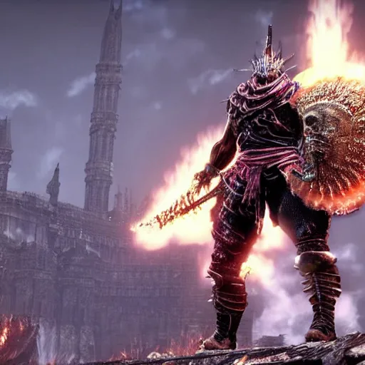 Image similar to screenshot of a unique boss from darksouls 3. It is wearing colored armour and has a very muscular physique