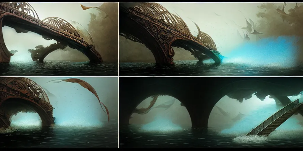 Image similar to study material with side perspective, transparent water River flow, realistic water foam,agua droplets, underwater, bridge made of water ,physically based rendering, defined features by ellen jewett, tomasz alen kopera and Justin Gerard