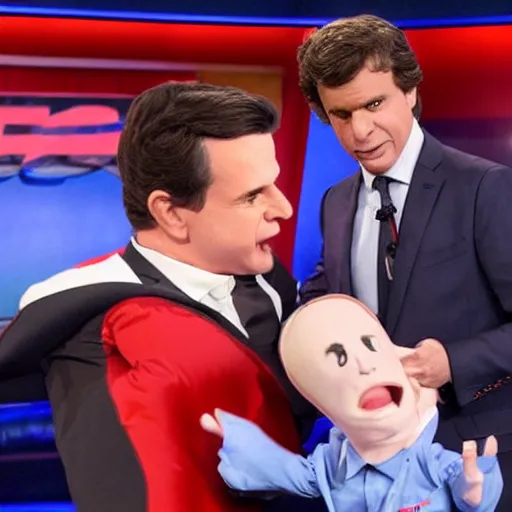 Prompt: a high quality photograph of Jimmy Dore inappropriately interacting with a blowup doll of Tucker Carlson on the set of Tucker Carlson tonight live on Fox News