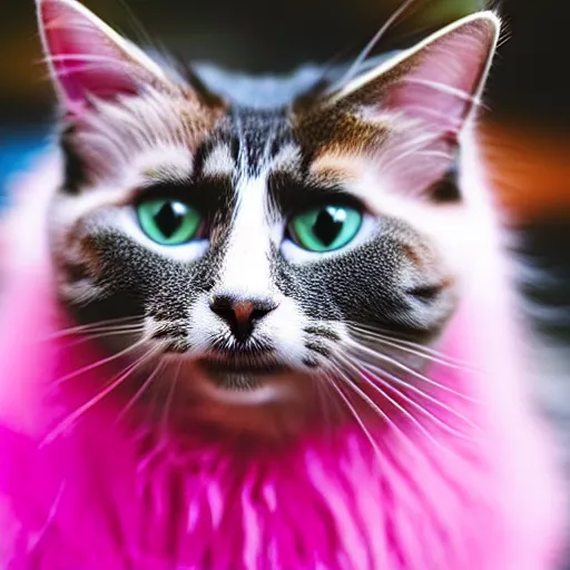 Image similar to photo of a cat with pink fur, eating a hamburger