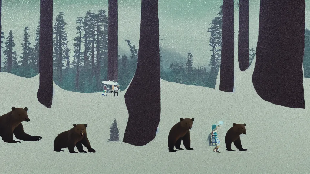 Prompt: a mama and baby bear at a seaside landscape with sequoia trees, japan, a collage painting, in the style of wes anderson, lola dupre, david hockney, isolated on negative white space background dark monochrome neon spraypaint accents volumetric octane render