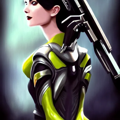 Image similar to A combination of Ada Wong's and Grace Kelly's and Ashley Greene's appearances wearing Interceptor's armor from Anthem, high tech, action shot, angular, full body portrait, futuristic, dramatic, fantasy, intricate, elegant, highly detailed, digital painting, artstation, concept art, matte, sharp focus, illustration, 8K, art by Donato Giancola and James Gurney