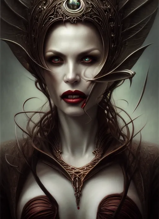 Image similar to portrait shot of a female vampire, intricate, elegant, highly detailed, centered, digital painting, artstation, concept art, smooth, sharp focus, illustration, artgerm, tomasz alen kopera, peter mohrbacher, donato giancola, joseph christian leyendecker, wlop, boris vallejo