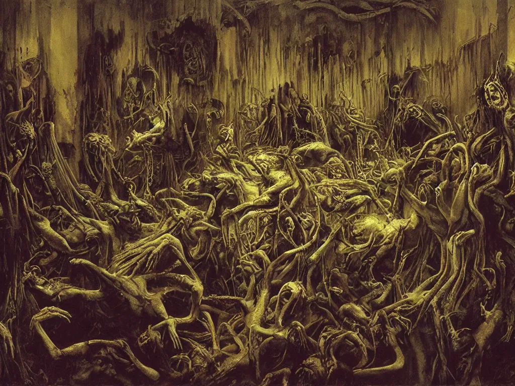 Image similar to an eerie painting of a cacophony of demons sacrificing humans in a grungy derelict georgian manor interior with colourful graffiti on the walls and garbage scattered on the floor, reclaimed by nature by zdzisław beksinski, wayne barlowe, hr giger, luis royo, agostino arrivabene