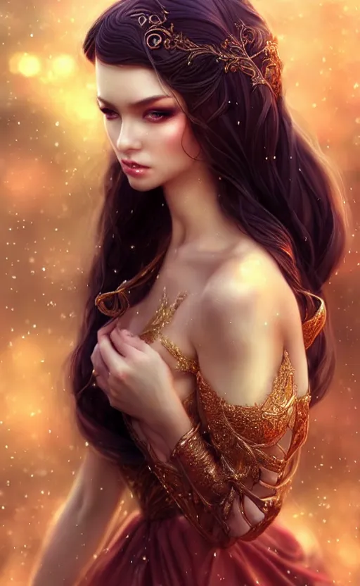 Image similar to a fantasy photo of gorgeous russian female, evening gown, bokeh, medium shot, beautiful face, professionally retouched, soft lighting, realistic, smooth face, perfect eyes, sharp focus, 8 k realistic high definition, insanely detailed, intricate, elegant, art by artgerm and kyoung hwan kim